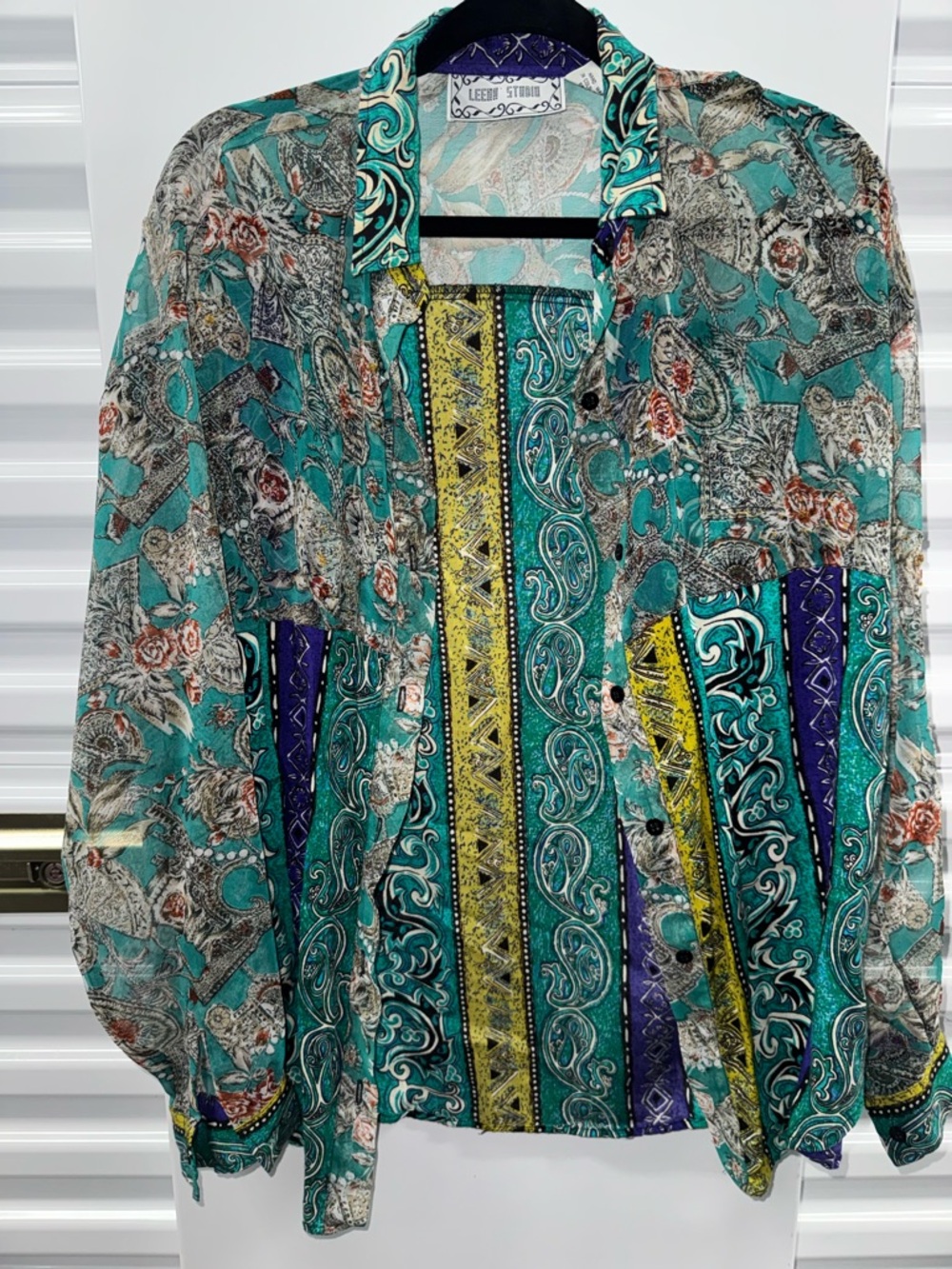 Leena Studio Teal and Purple Paisley Blouse vintage  M